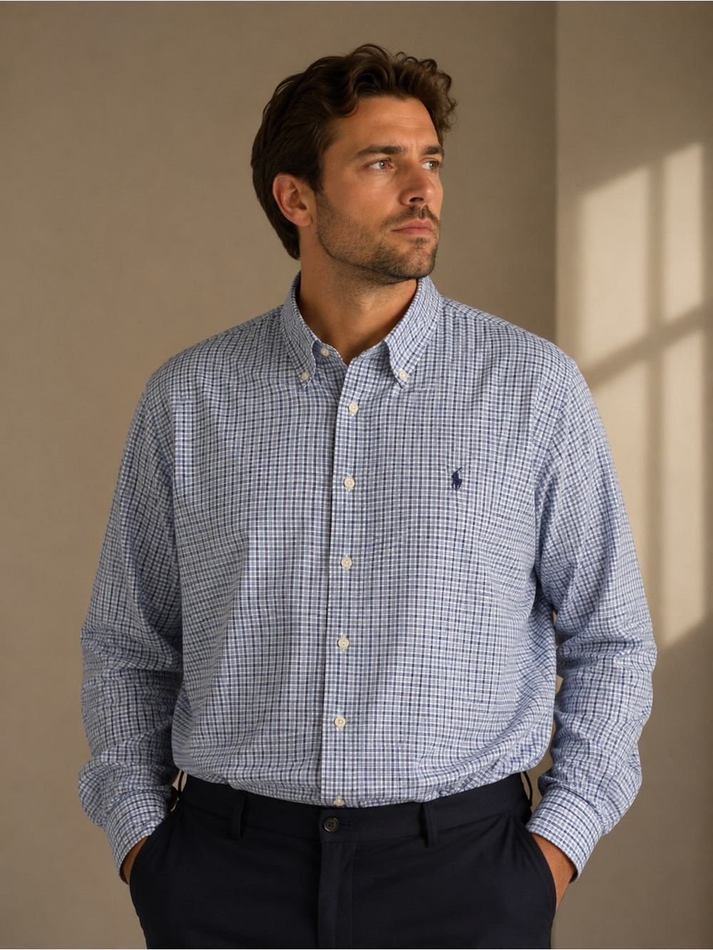 Ralph Lauren Men's Light Blue and White Checked Button-Down Shirt